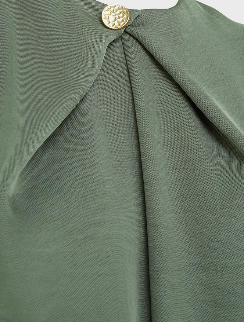 Satinierte Bluse mit langen Ärmeln und Knopfkragen - Kaki