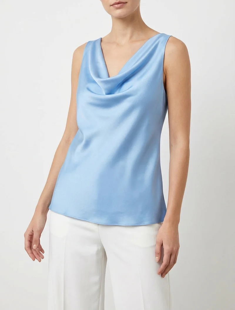 Ärmelloses Satin-Top mit Wasserfallausschnitt - Himmelblau