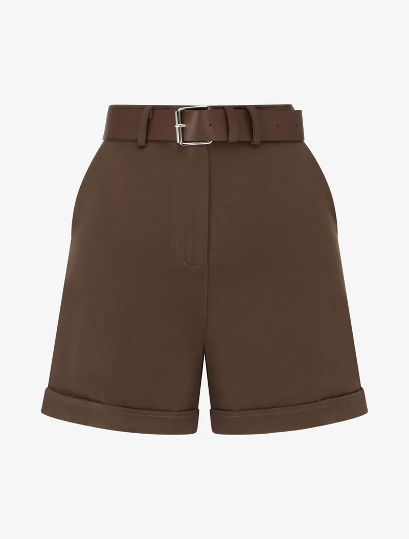 Hoch taillierte einfarbige Shorts - Braun