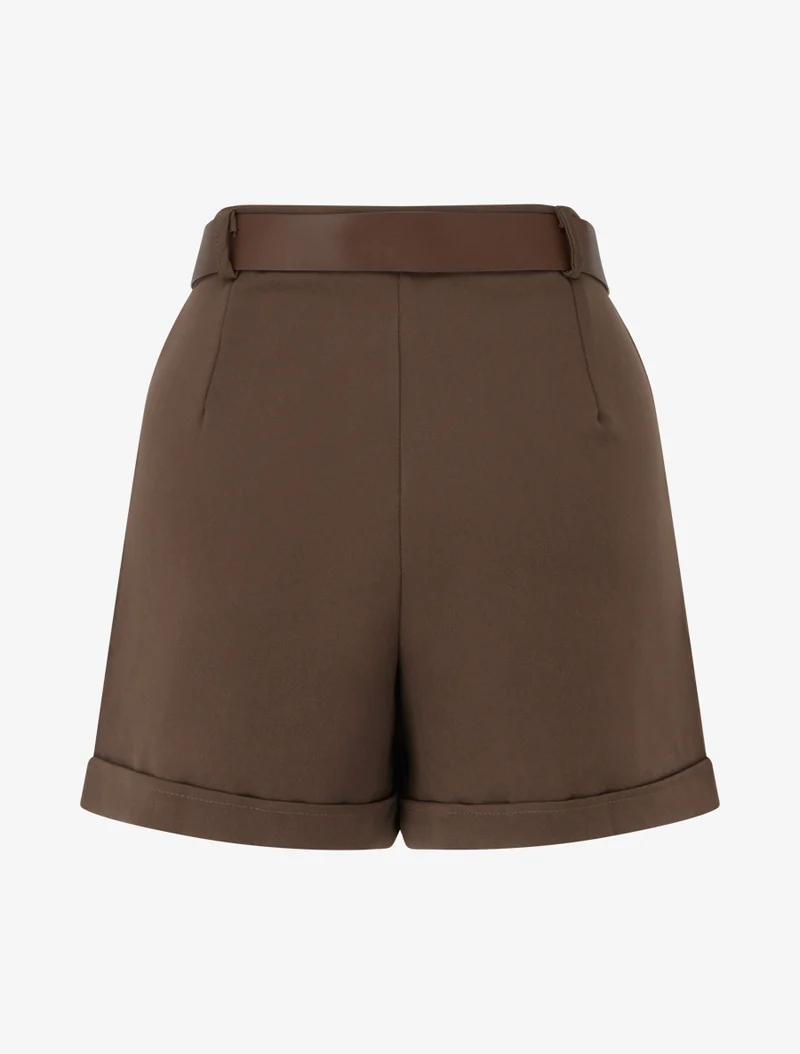 Hoch taillierte einfarbige Shorts - Braun