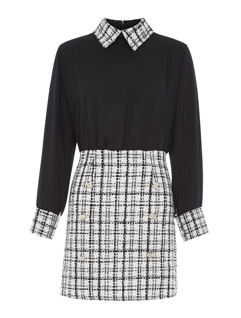 Kleid mit Karomuster und Claudine-Kragen - Weiß und Schwarz