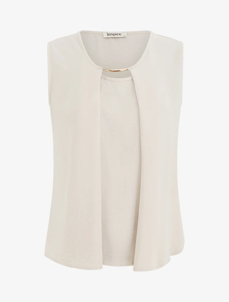 Einfarbiges Oberteil mit rundem Schmuckkragen - Beige