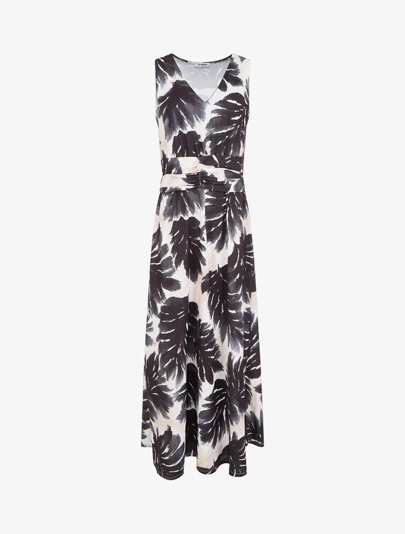 Kleid mit Blattmuster und elastischer Taille - Schwarz