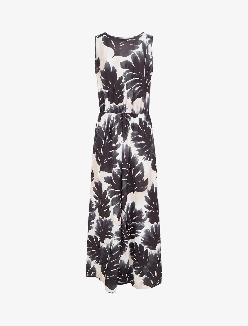 Kleid mit Blattmuster und elastischer Taille - Schwarz