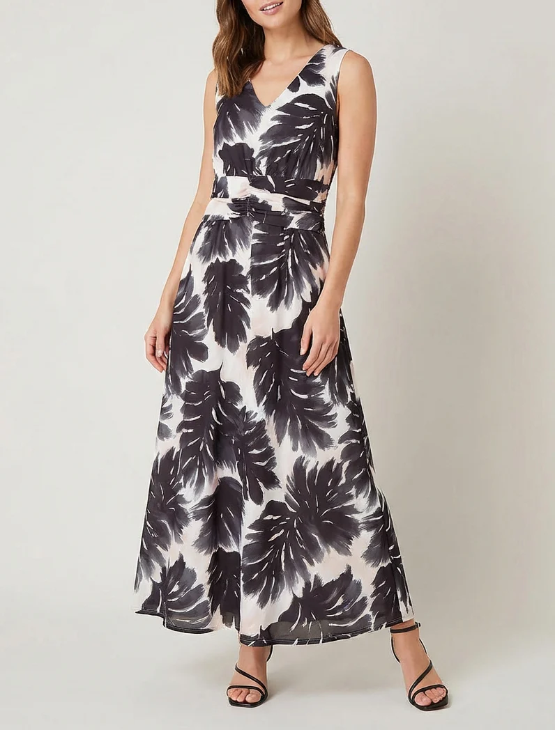 Kleid mit Blattmuster und elastischer Taille - Schwarz