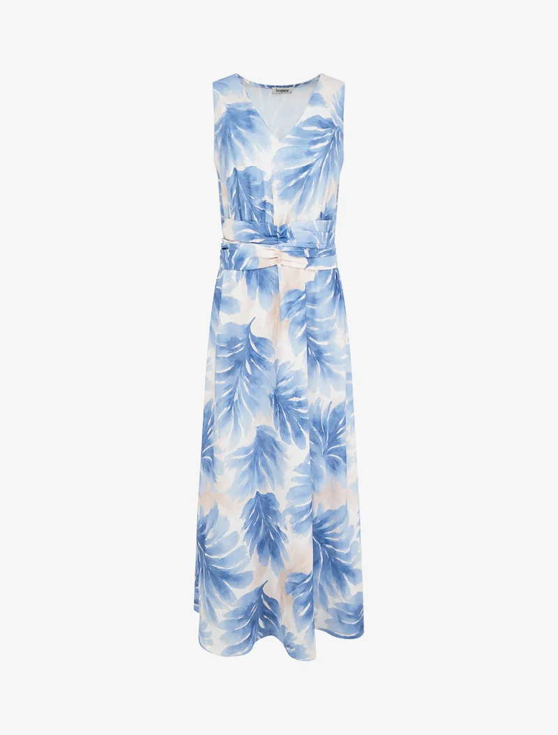 Kleid mit Blattmuster und elastischer Taille - Himmelblau