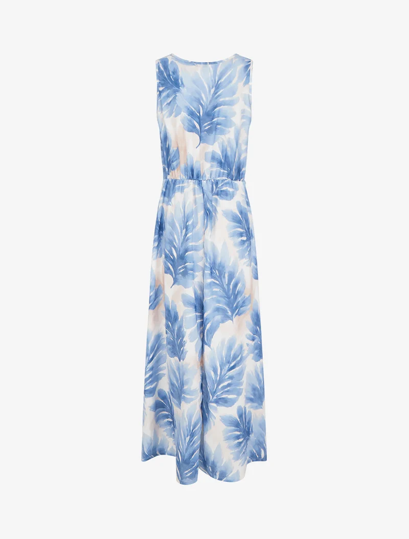 Kleid mit Blattmuster und elastischer Taille - Himmelblau