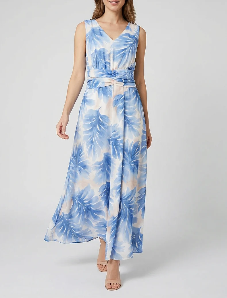 Kleid mit Blattmuster und elastischer Taille - Himmelblau
