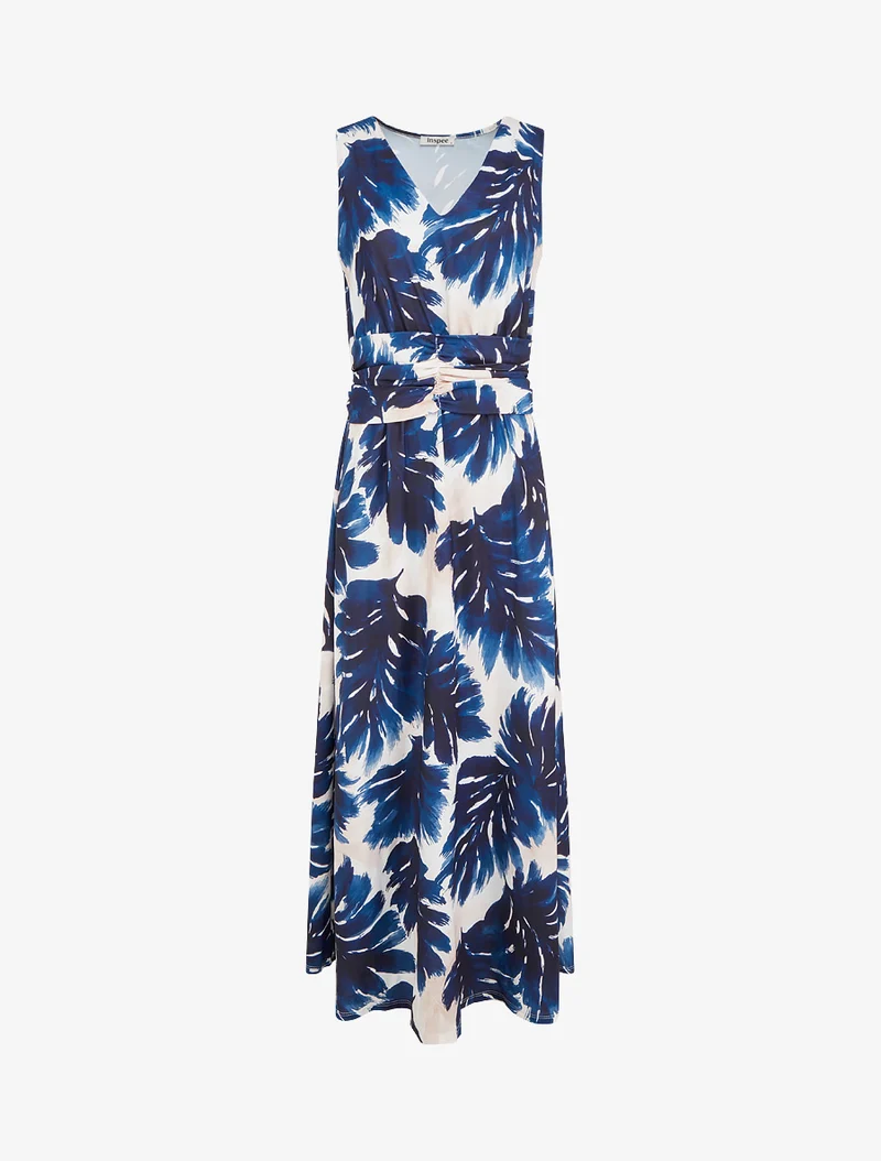 Kleid mit Blattmuster und elastischer Taille - Marine