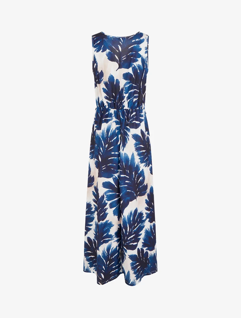 Kleid mit Blattmuster und elastischer Taille - Marine