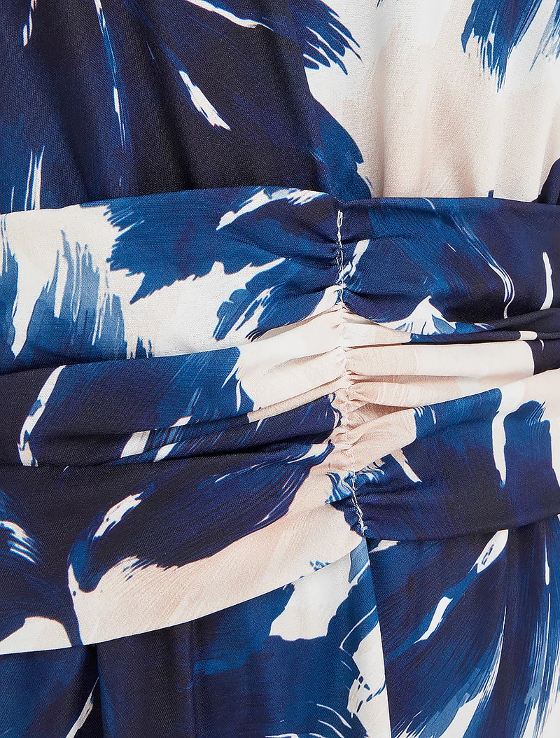 Kleid mit Blattmuster und elastischer Taille - Marine