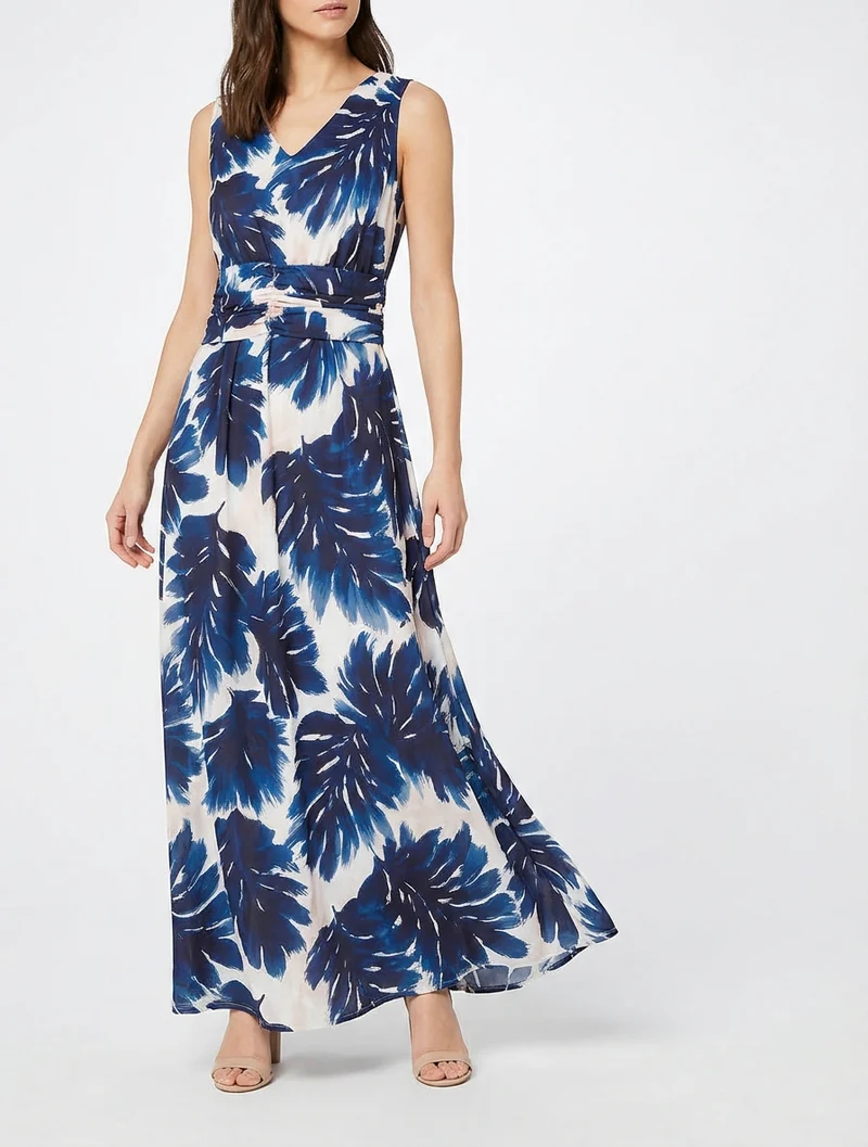 Kleid mit Blattmuster und elastischer Taille - Marine