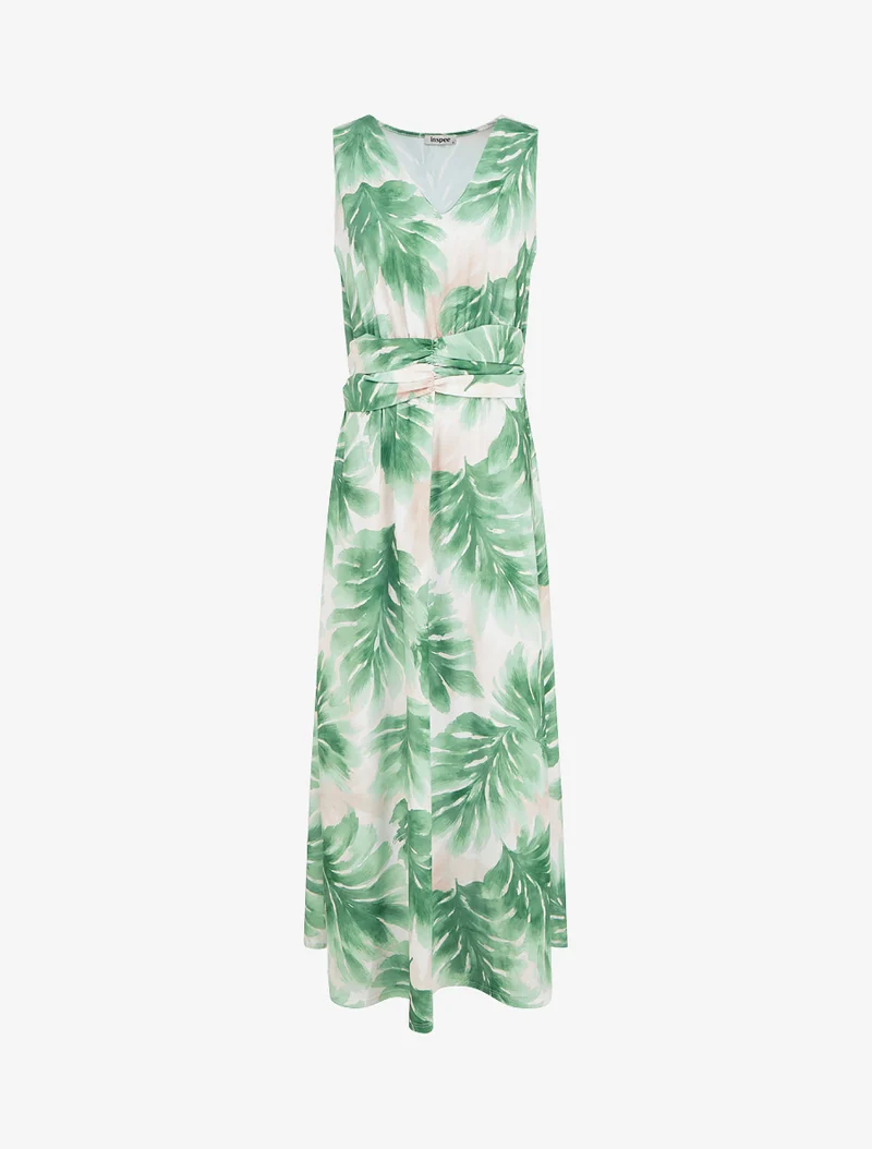 Kleid mit Blattmuster und elastischer Taille - Grün