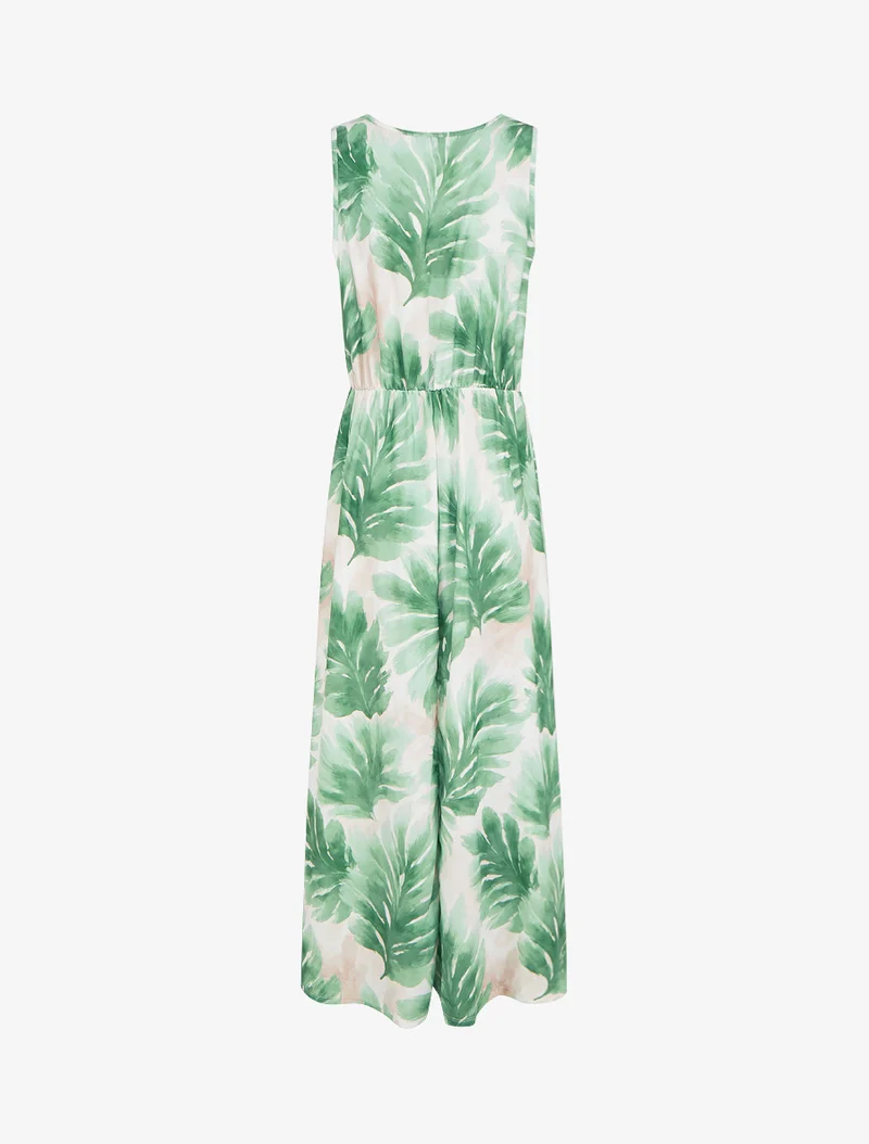 Kleid mit Blattmuster und elastischer Taille - Grün
