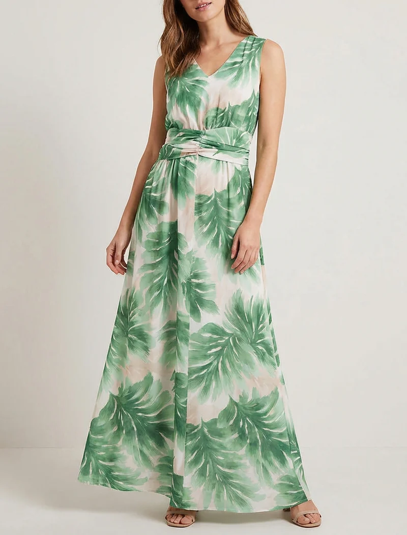 Kleid mit Blattmuster und elastischer Taille - Grün