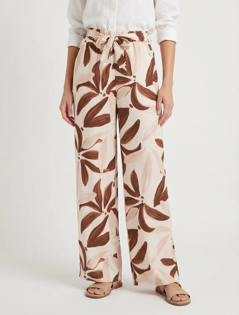Elastische Hose mit Blumenmuster - Beige