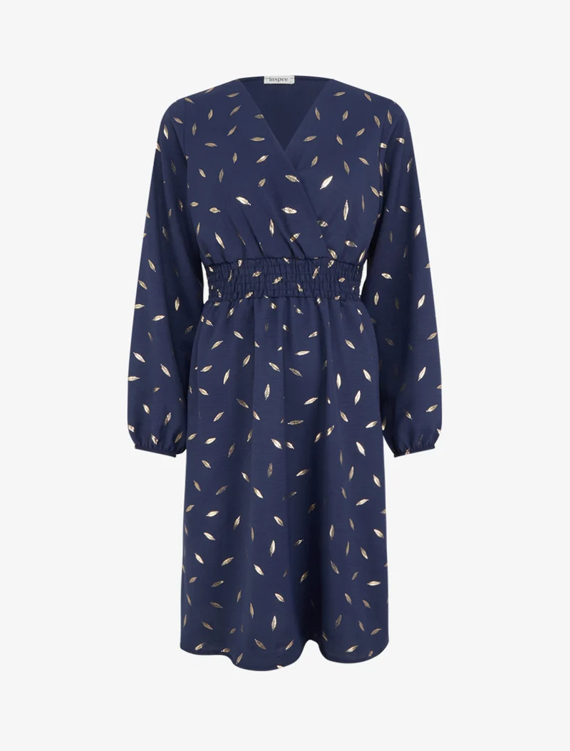 Ausgestelltes Kleid mit goldenen Federdrucken - Marine