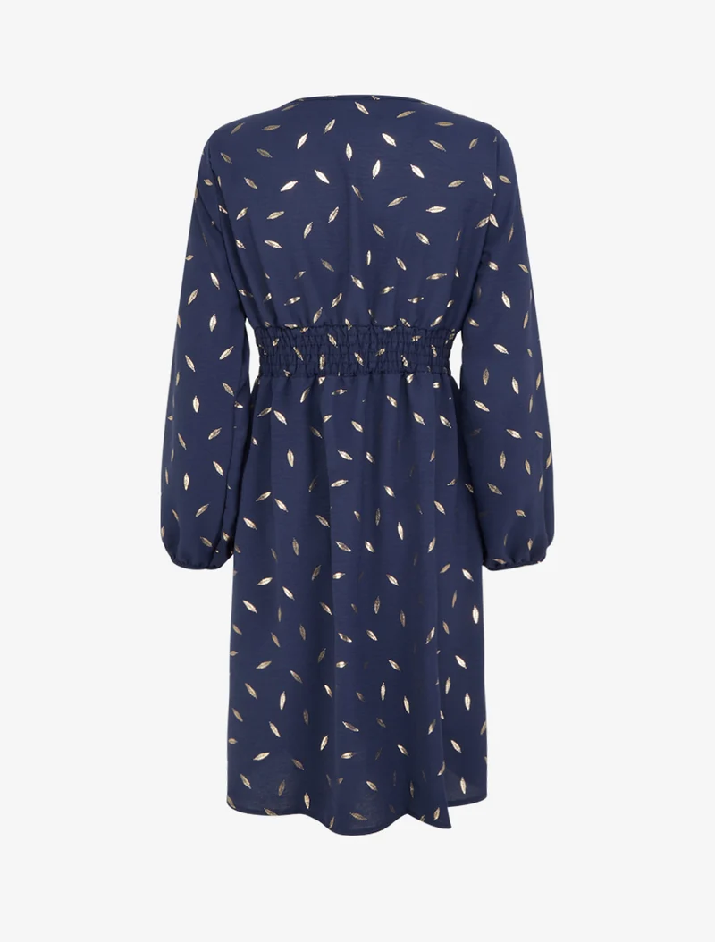 Ausgestelltes Kleid mit goldenen Federdrucken - Marine