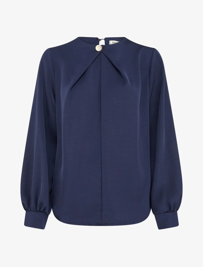 Satinierte Bluse mit langen Ärmeln und Knopfkragen - Marine