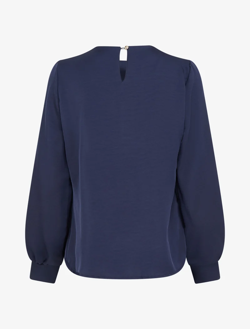 Satinierte Bluse mit langen Ärmeln und Knopfkragen - Marine