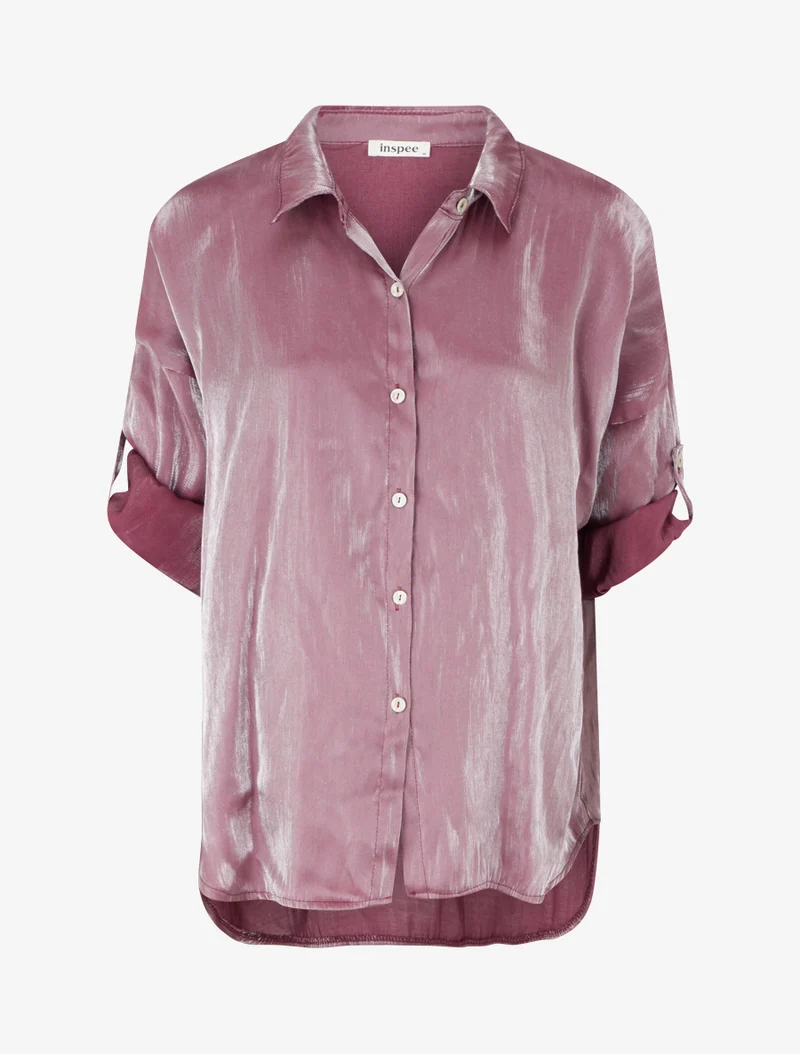Perlmuttfarbenes asymmetrisches Bluse mit hochkrempelbaren langen Ärmeln - Veilchen