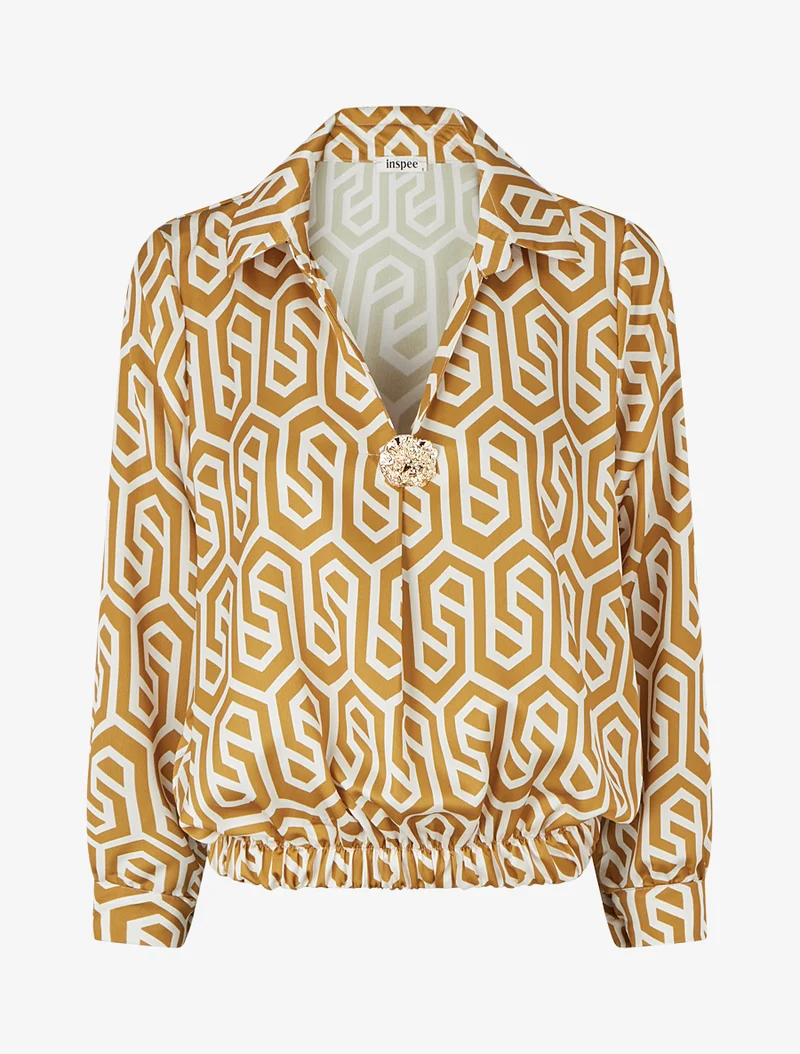 Satinbluse mit Retro-Print - Senfgelb
