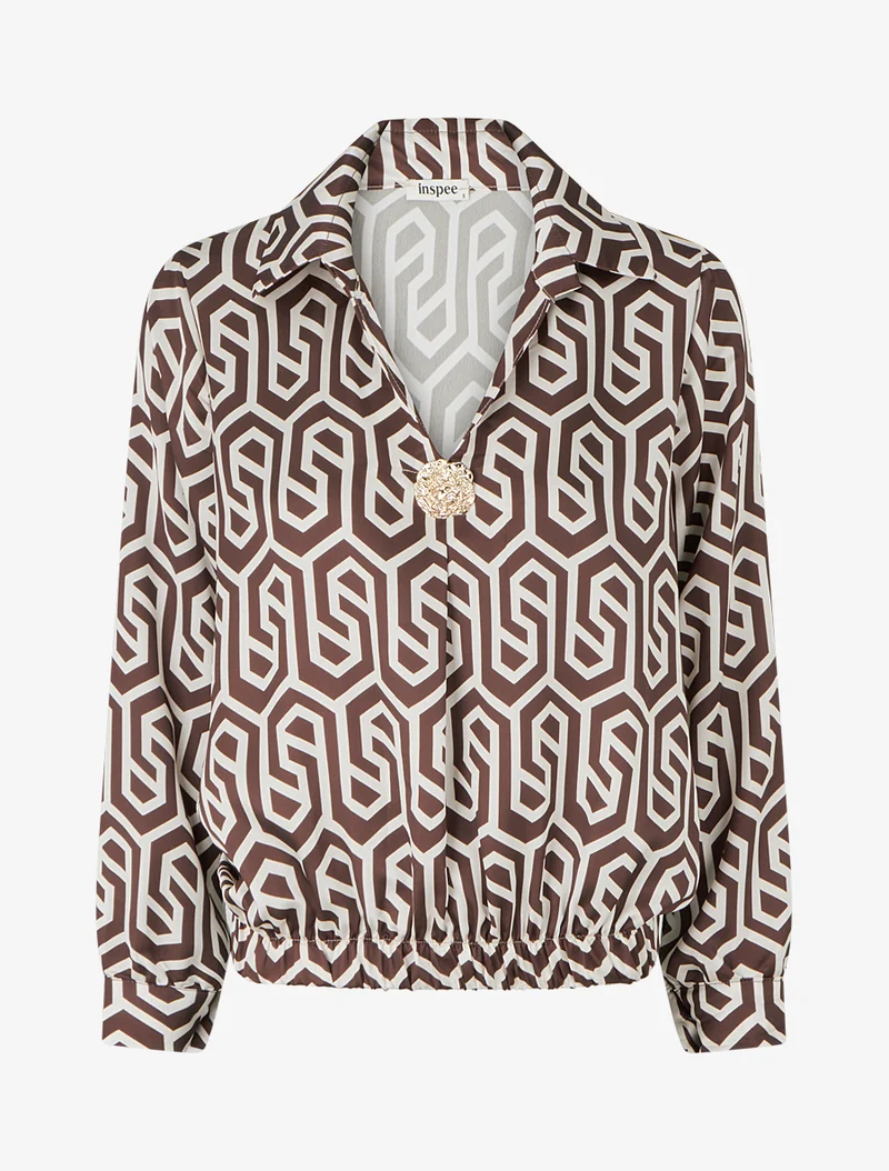 Satinbluse mit Retro-Print - Braun