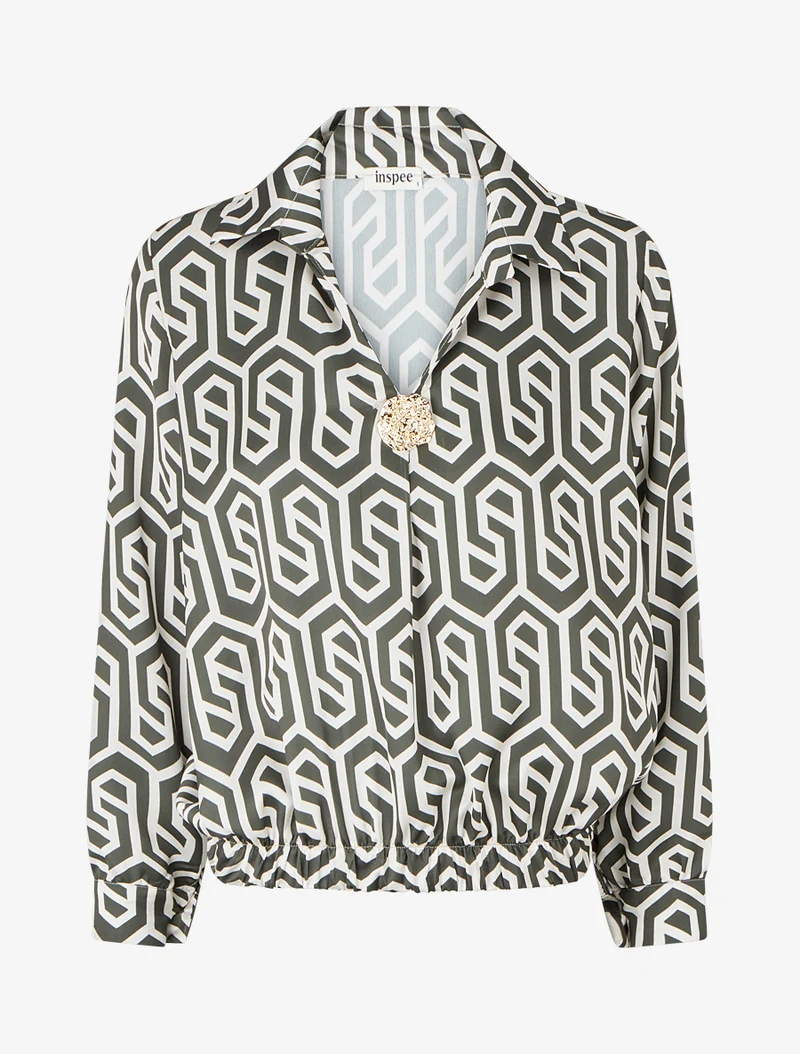 Satinbluse mit Retro-Print - Kaki