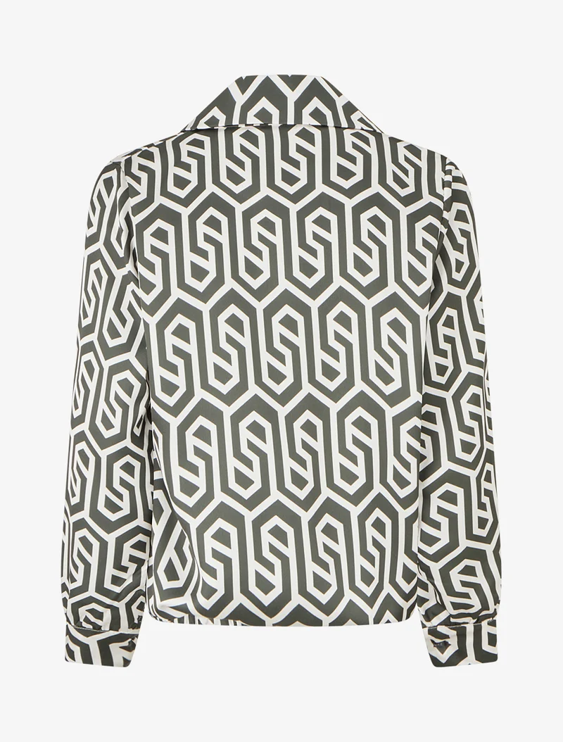 Satinbluse mit Retro-Print - Kaki