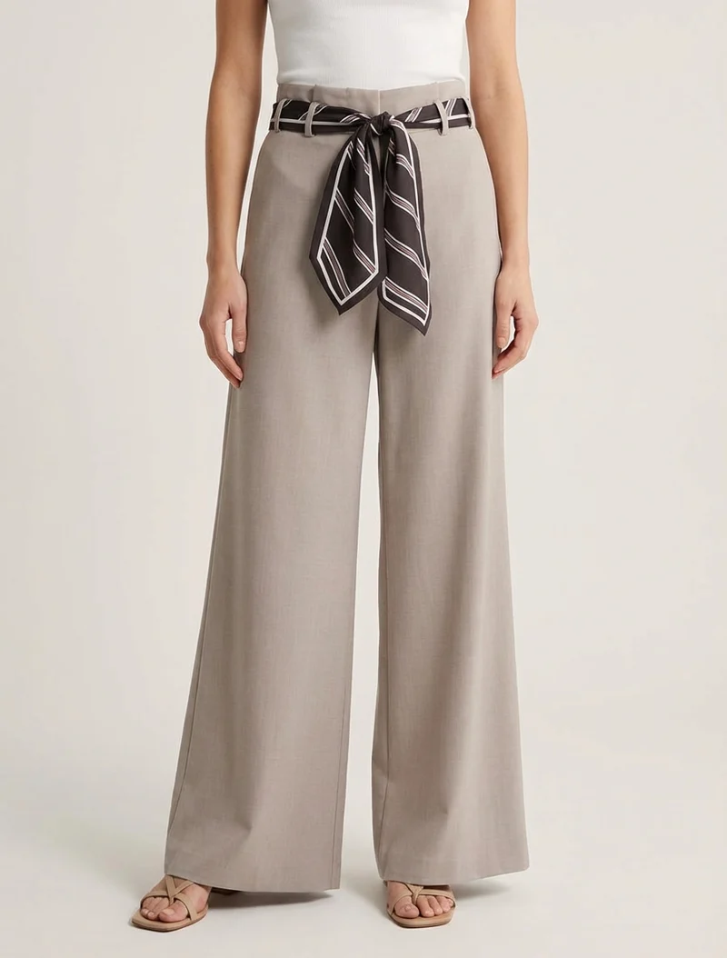 Weite Hose mit Schal-Stil Gürtel - Hellmaulwurf