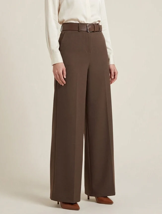 Gerade geschnittene, einfarbige Hose mit hoher Taille - Braun