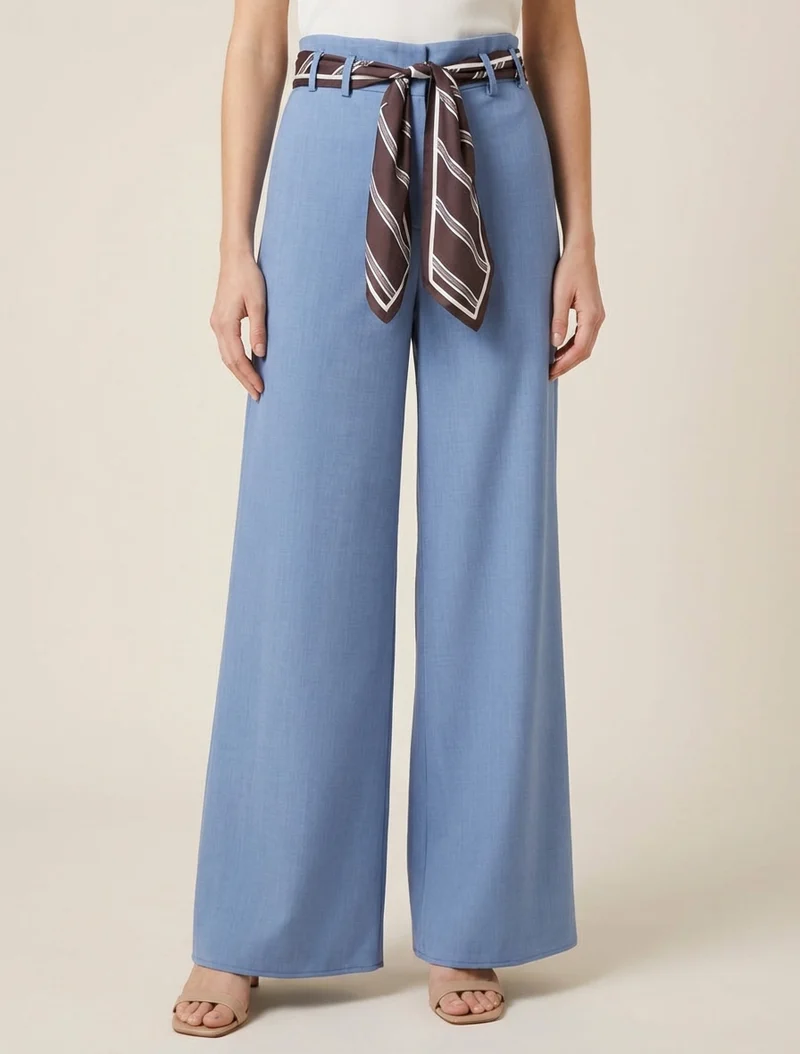 Weite Hose mit Schal-Stil Gürtel - Hellblau