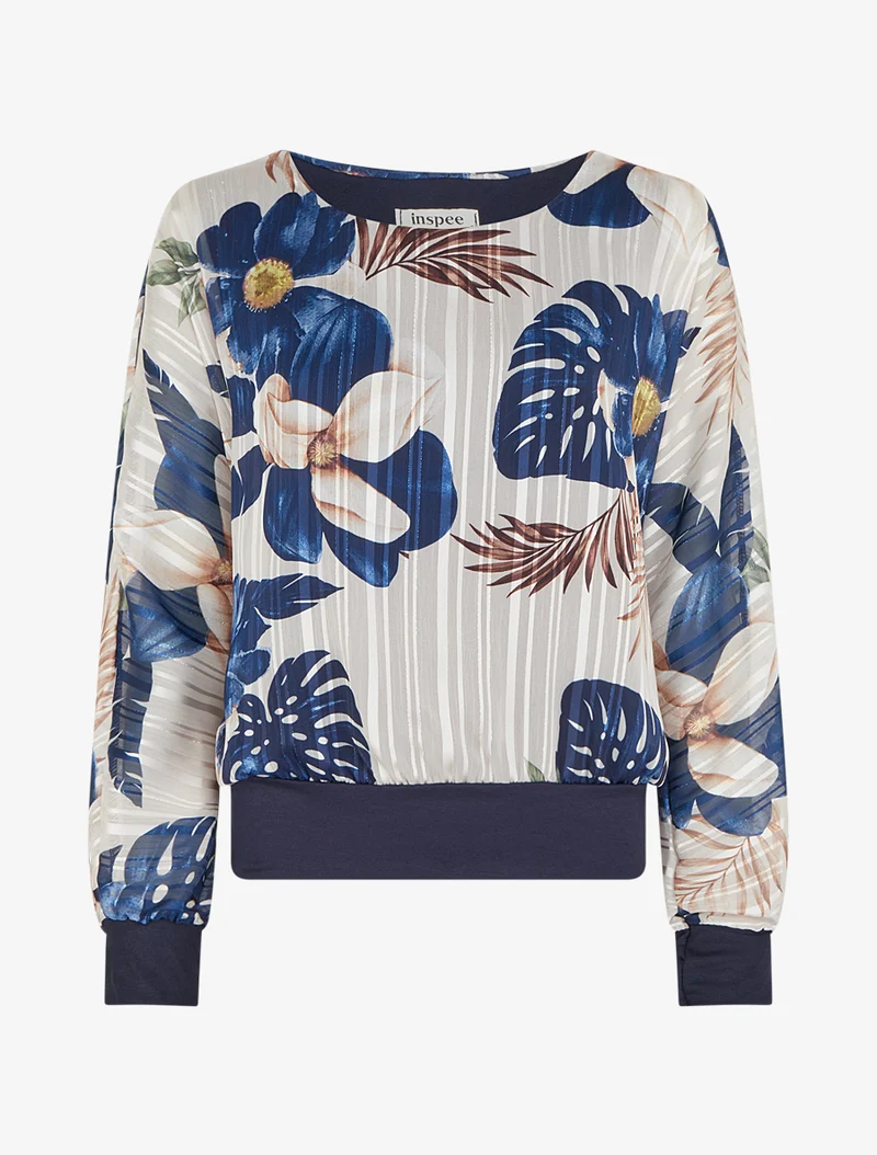 Bluse aus bedrucktem Voile mit Blattmotiv und schimmerndem Detail - Marine