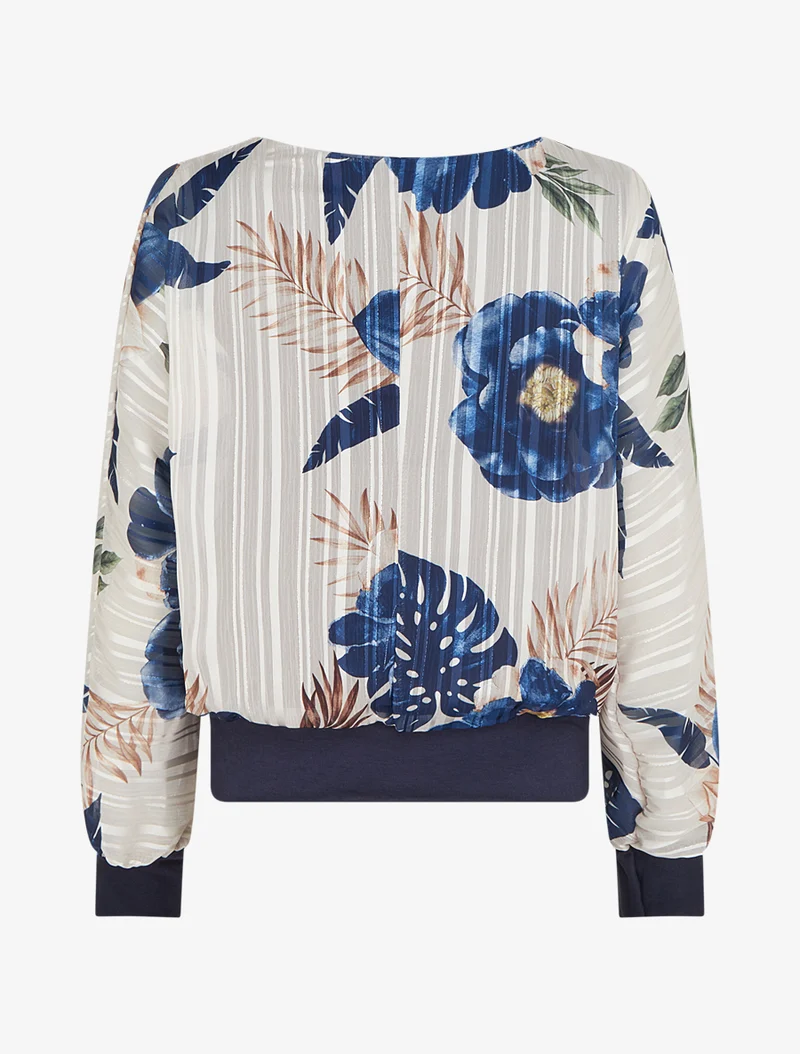 Bluse aus bedrucktem Voile mit Blattmotiv und schimmerndem Detail - Marine