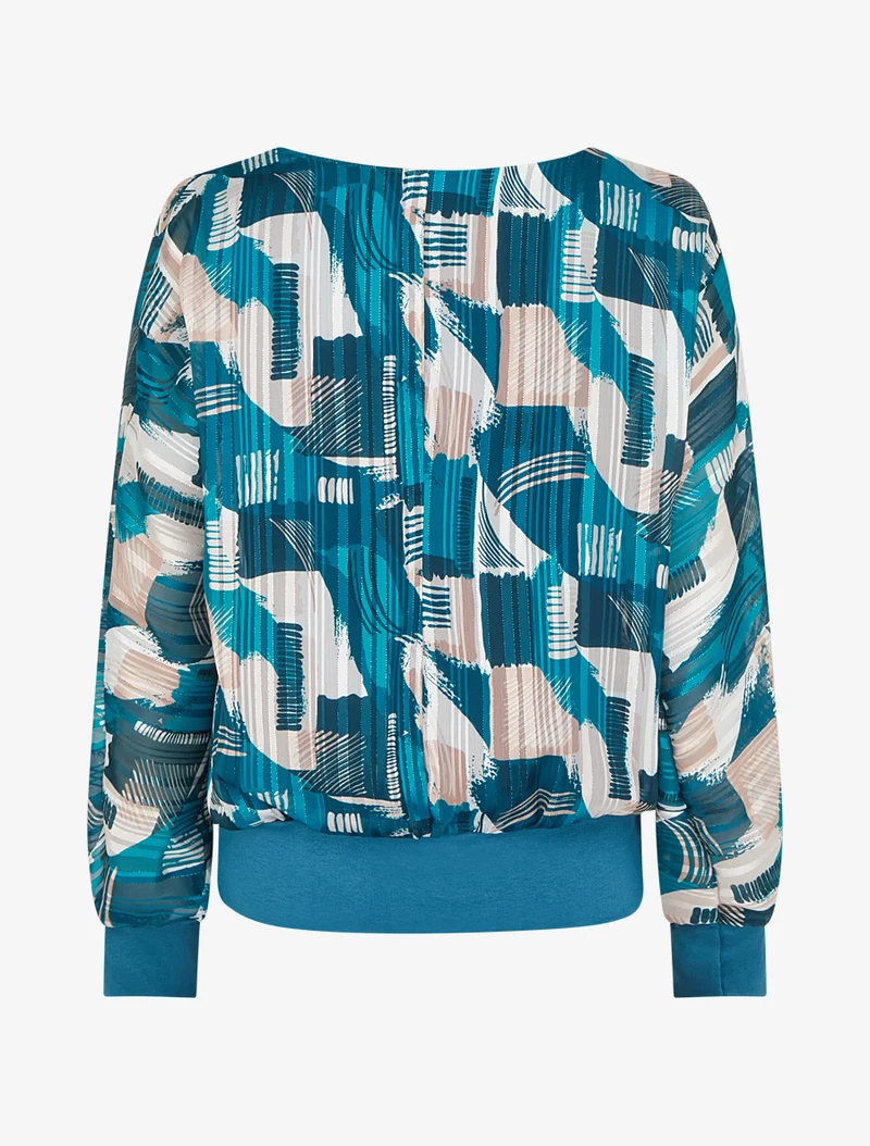 Bluse aus bedrucktem Fantasie-Voile mit schimmerndem Detail. - Entenblau