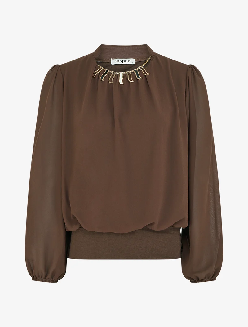 Einfarbige Bluse aus Voile mit Krageneinsatz - Braun