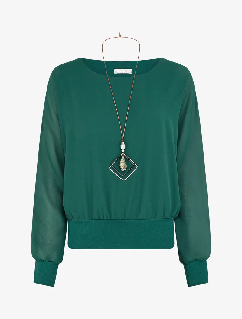 Uni Bluse aus Voile mit langen Ärmeln - Tannengrün