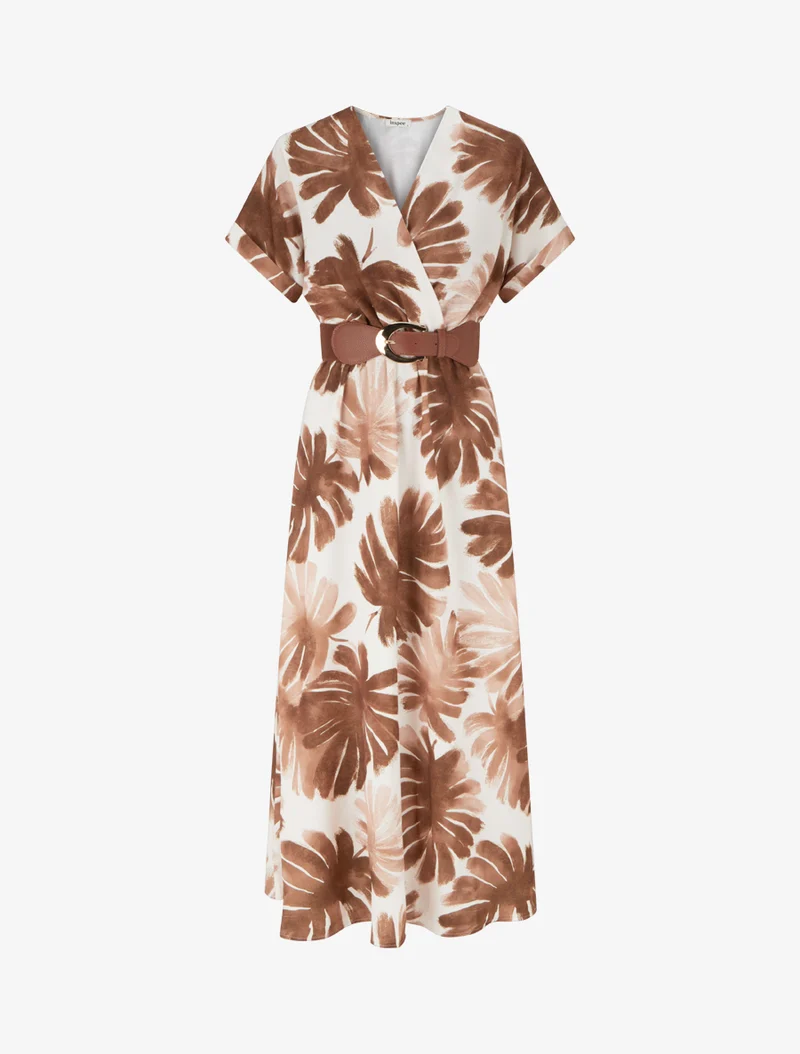 Langes Kleid mit kurzen Ärmeln und Blätterdruck - Braun