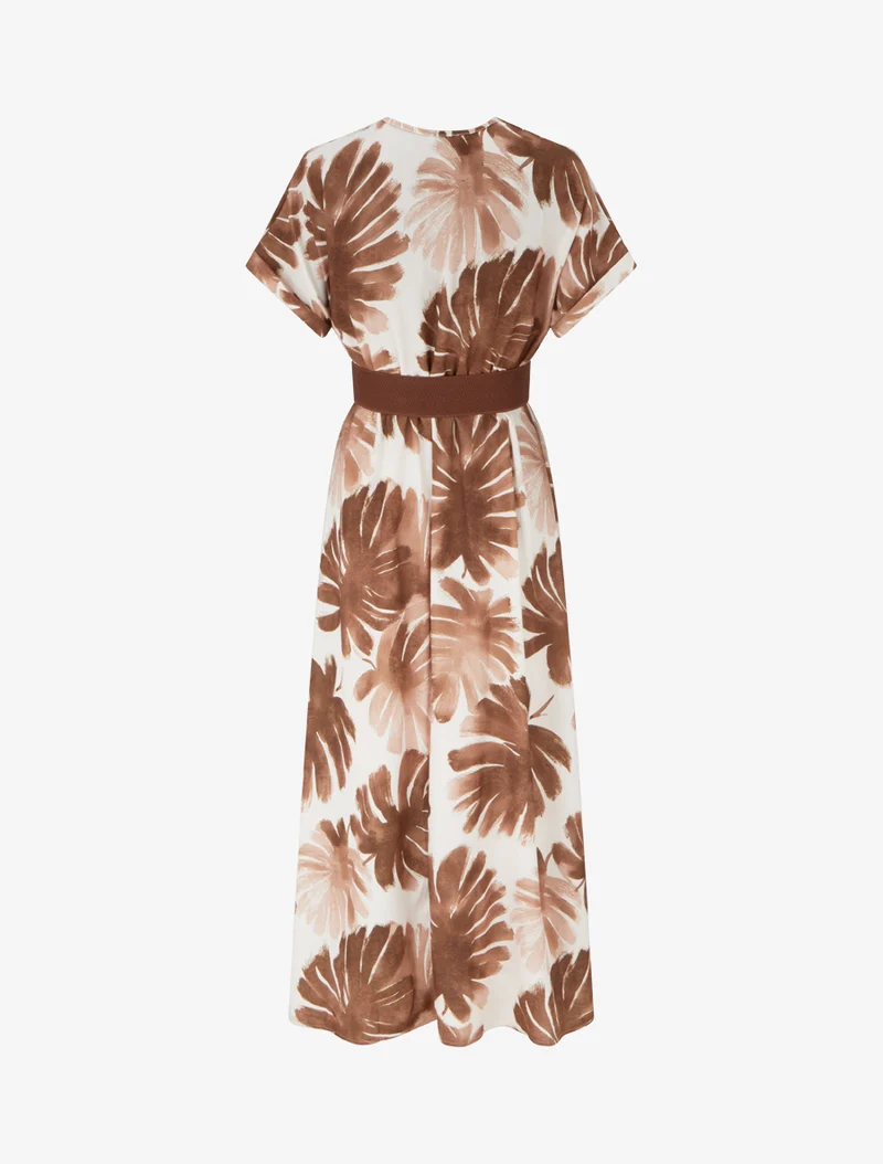 Langes Kleid mit kurzen Ärmeln und Blätterdruck - Braun