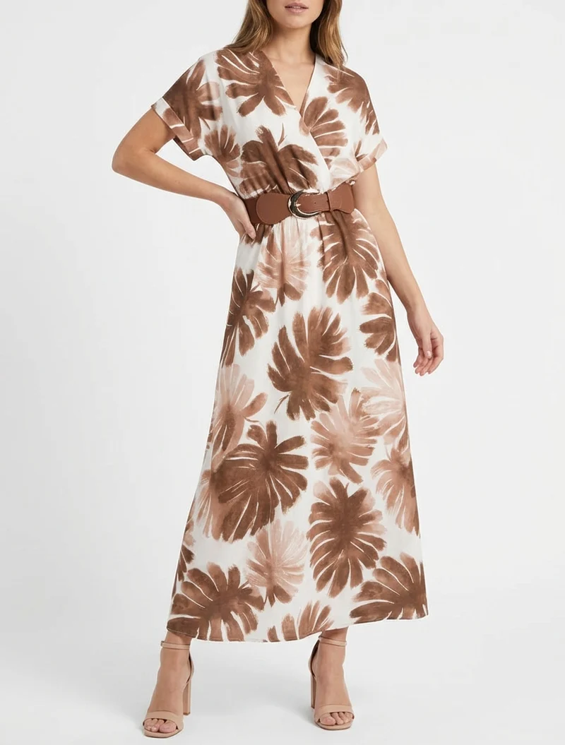 Langes Kleid mit kurzen Ärmeln und Blätterdruck - Braun
