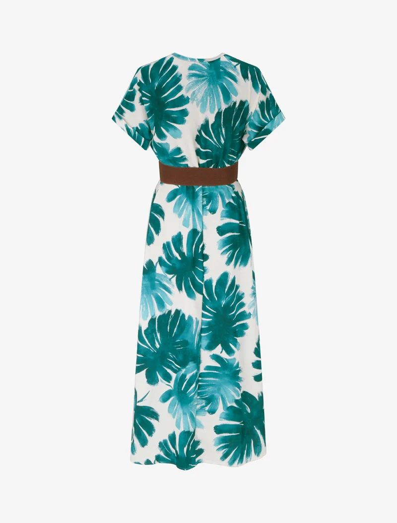 Langes Kleid mit kurzen Ärmeln und Blätterdruck - Dunkelgrün