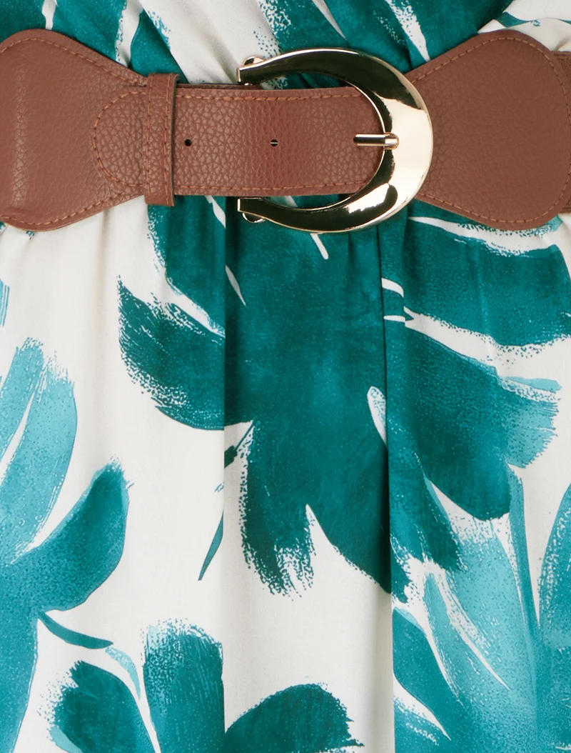 Langes Kleid mit kurzen Ärmeln und Blätterdruck - Dunkelgrün