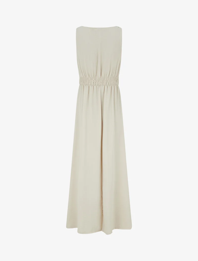 Langes ausgestelltes Kleid mit Perlenriemen - Beige