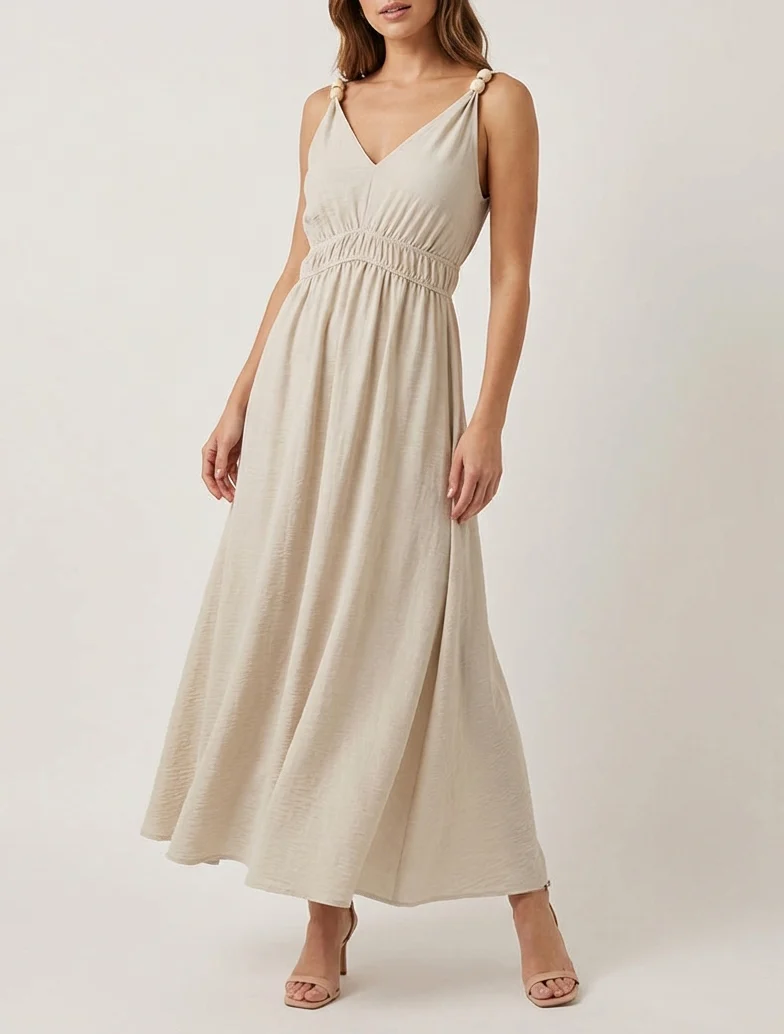 Langes ausgestelltes Kleid mit Perlenriemen - Beige