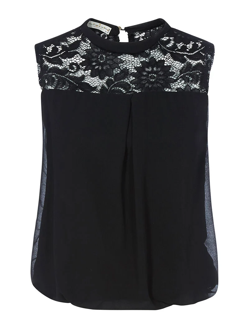 Ärmellose Bluse aus zwei Materialien - schwarz