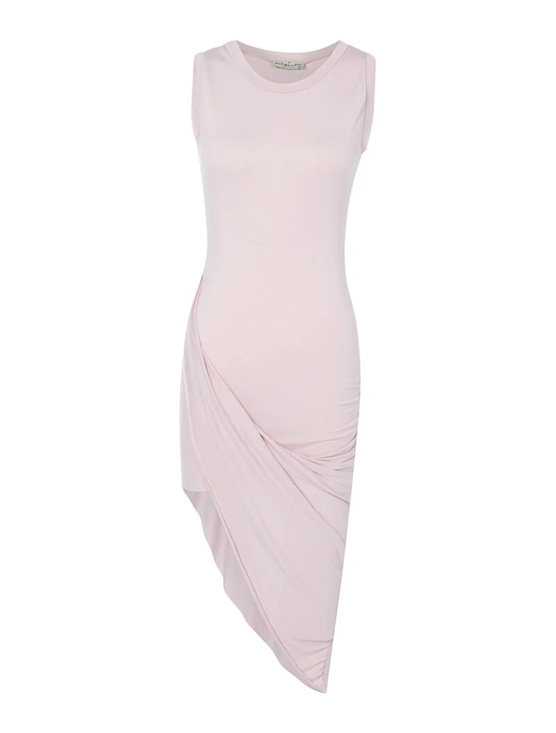 Asymmetrisch drapiertes Kleid mit Saum - orangefarbene Rose