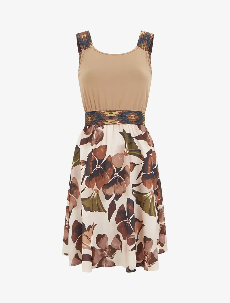Kleid mit fantasievollem elastischem Bund und Blumenmuster. - Kamel