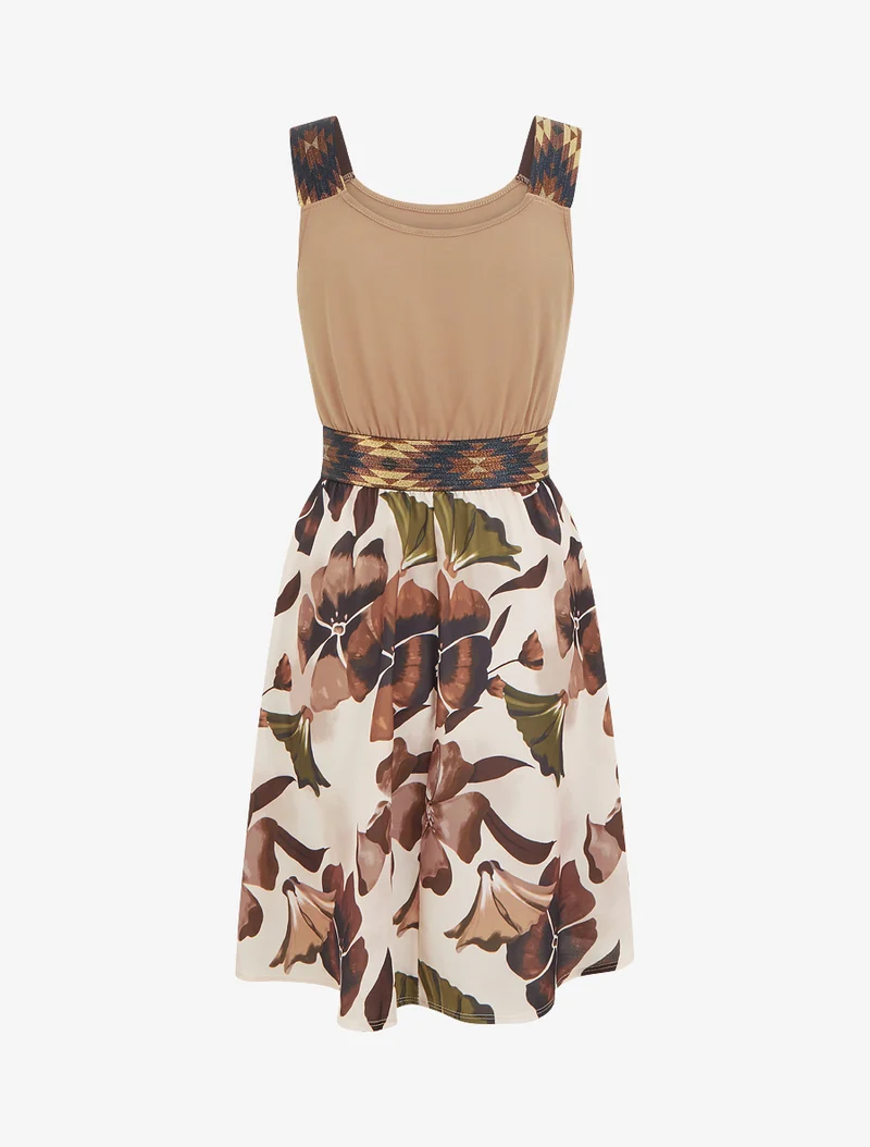 Kleid mit fantasievollem elastischem Bund und Blumenmuster. - Kamel