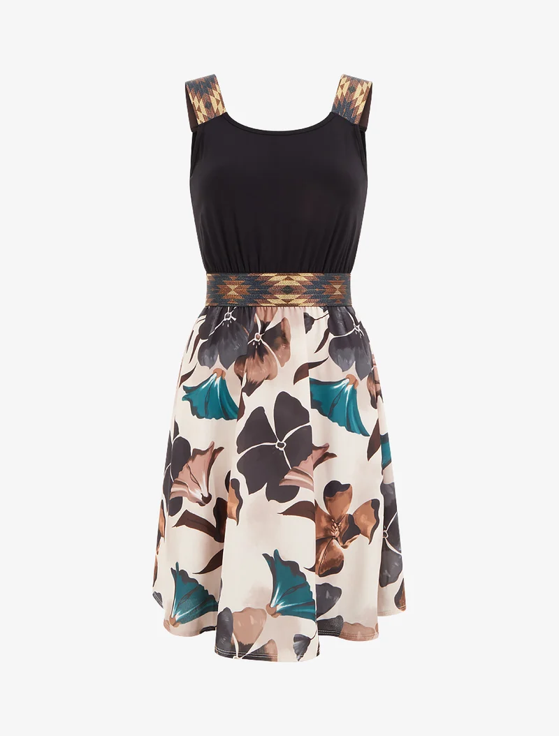 Kleid mit fantasievollem elastischem Bund und Blumenmuster. - Schwarz
