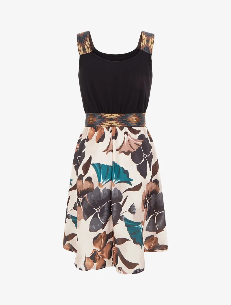Kleid mit fantasievollem elastischem Bund und Blumenmuster. - Schwarz